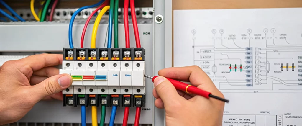 Closeup of electrical wiring being installed on a control panel