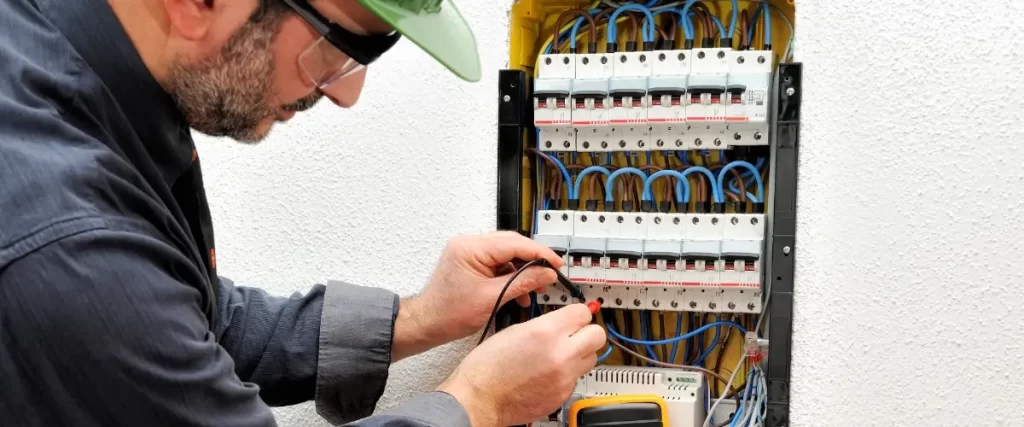 A man wearing a green hat and glasses is focused on working with a control panel