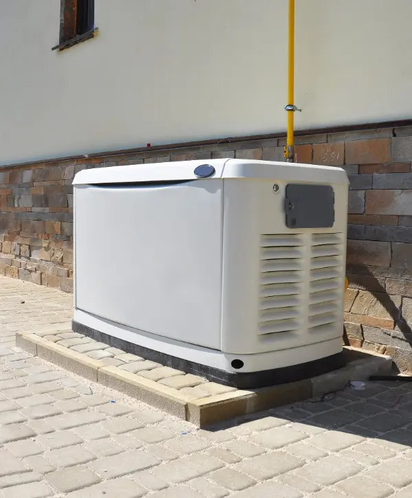 A white generator placed on a brick sidewalk, surrounded by a clear outdoor setting