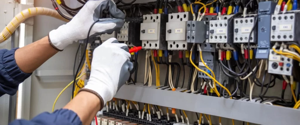 A close-up of a technician wearing safety gloves using a multimeter to test the voltage on a complex electrical switchboard.