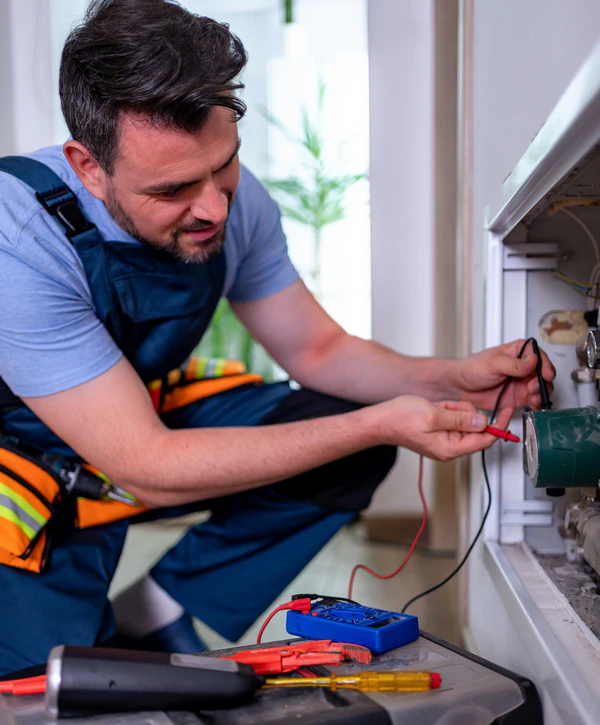 A professional technician from one of the local electrical repair companies in Macungie, PA, uses a multimeter to test a heating system unit.
