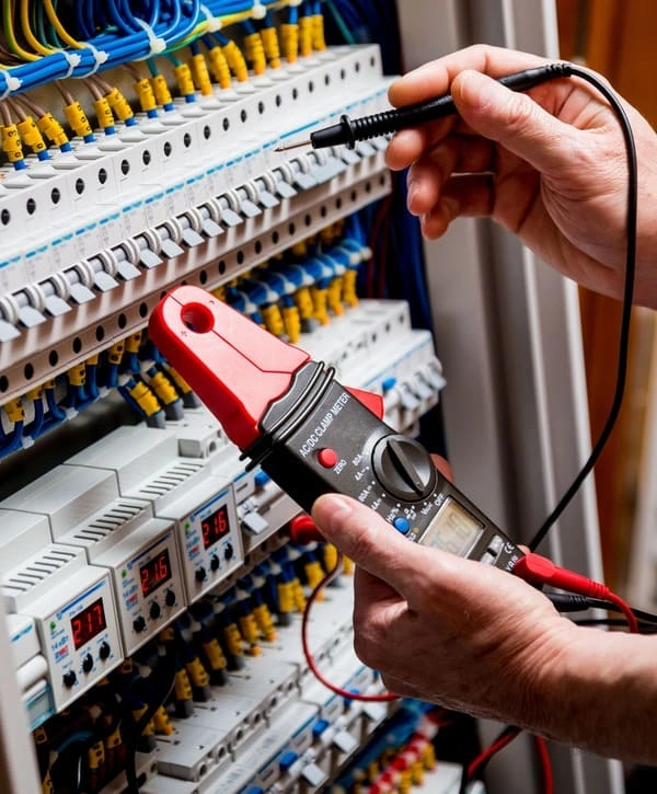 An overhead view of a master electrician's workspace featuring diagnostic tools used during a general electrical repair and safety inspection.