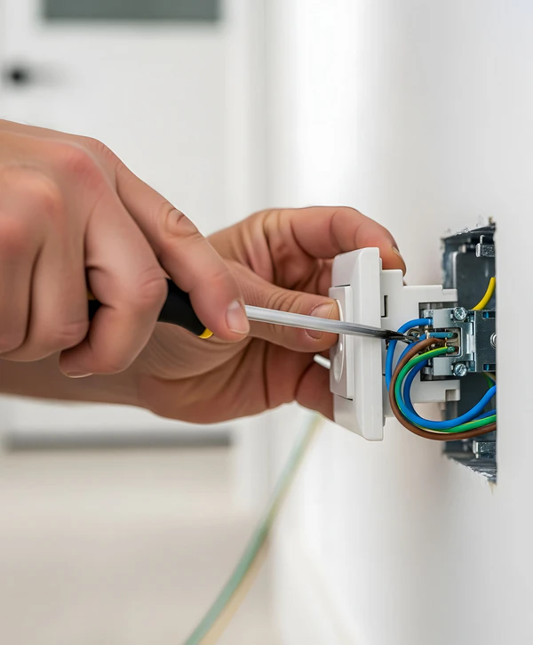 A close-up of a technician's hands using a screwdriver to wire a new electrical outlet as part of a general electrical repair in Wescosville, PA.