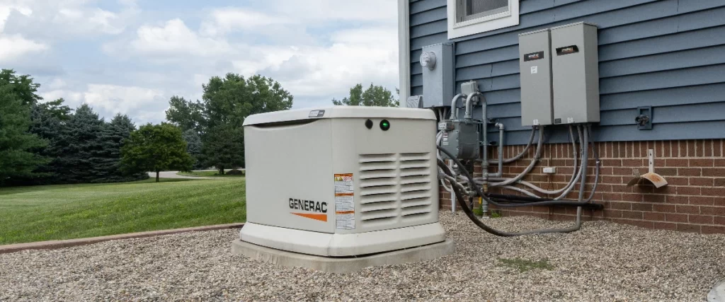 A Generac brand residential standby generator installed outdoors next to a house with grey siding and electrical utility panels.
