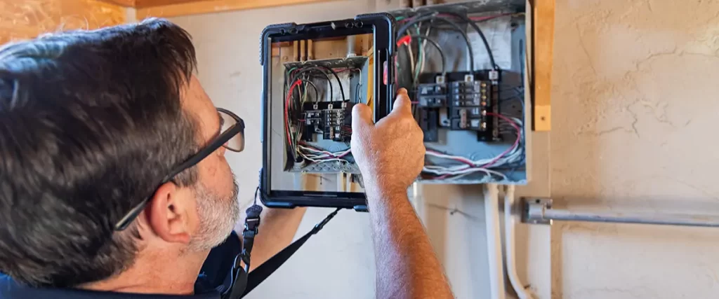 Electrician inspecting an electrical panel with a tablet during a residential electrical inspection.